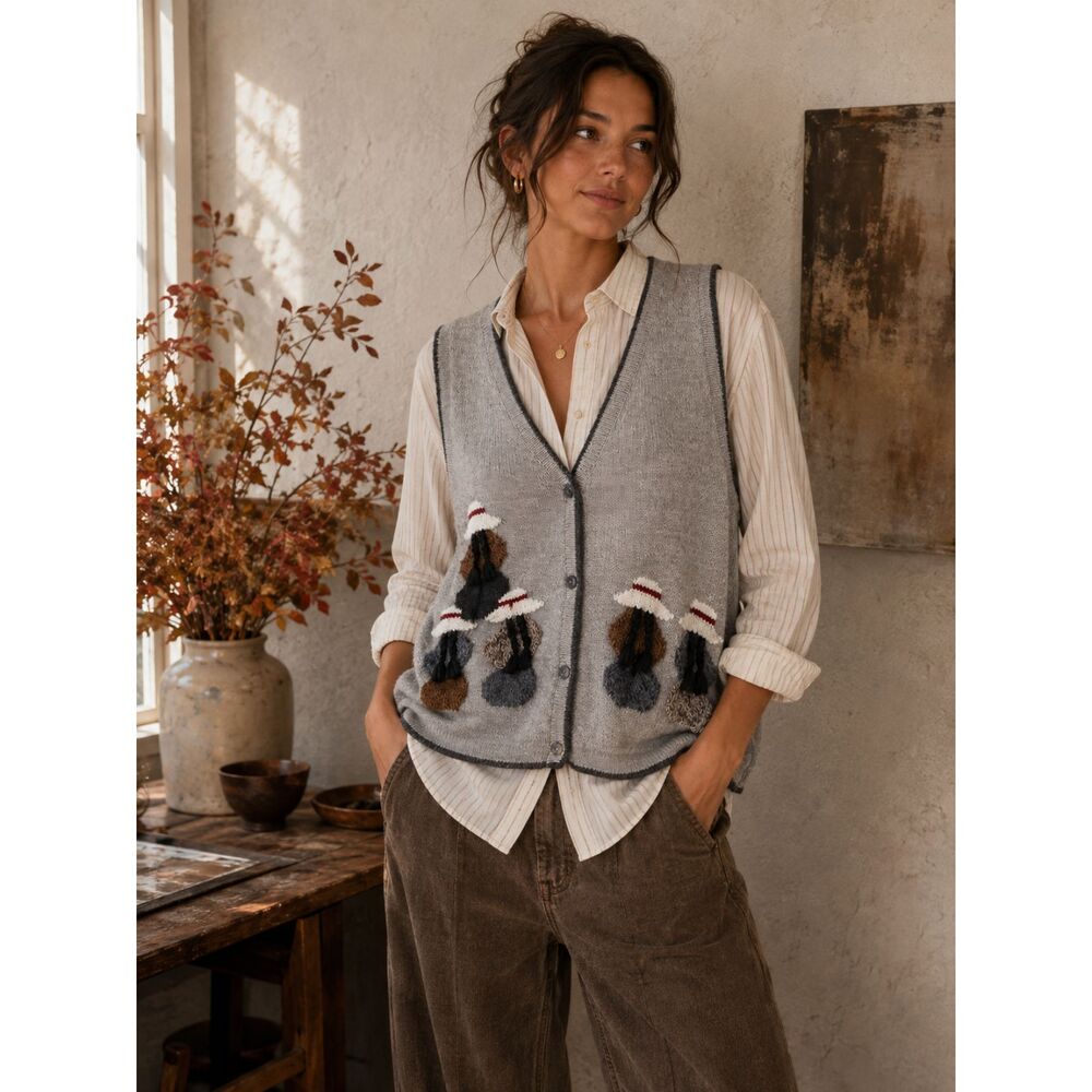 Handmade Folk Art Knit Sweater Vest Boho Cottagecore Grandma Core Artsy 3D